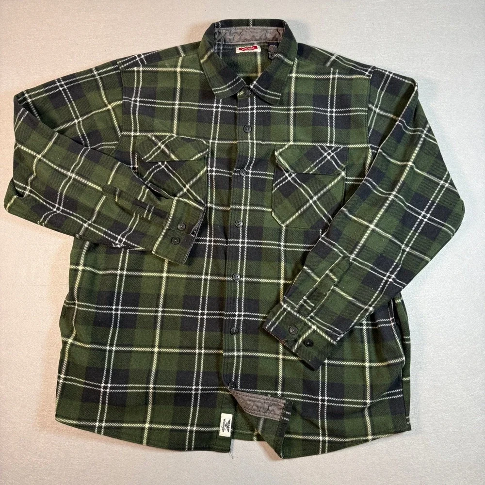 Wrangler Flannel Shirt Mens XL Green Plaid‎ Fleece Lined Shacket Button Up